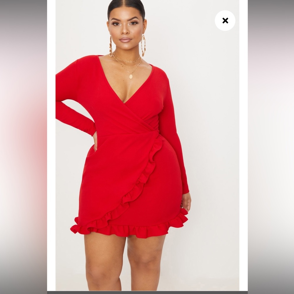 PrettyLittleThing Plus Red Ruffle Detail Wrap Dress - Picture 2 of 6